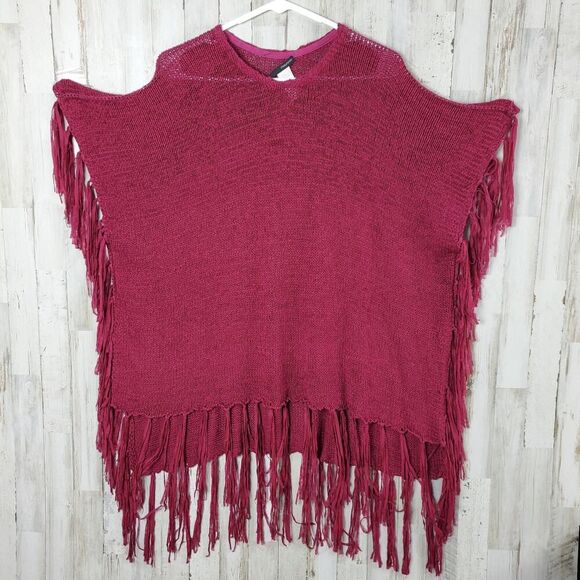 Maurices Boxy Loose Knit Fringe Shawl Sweater Maroon OSFM - Picture 11 of 11
